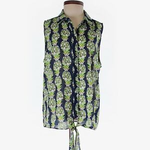 Pineapple Print Sleeveless Top - Navy and Green